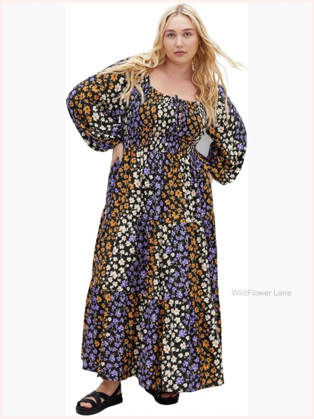 Plus Size Maxi Dress with Floral Pattern, Square Neck, Long Sleeve, Tiered Hem,